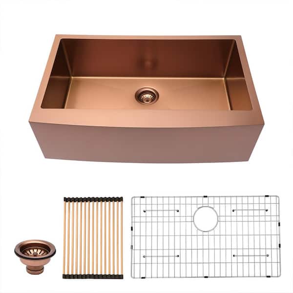 Maincraft Rose Gold Stainless Steel 30 in. Single Bowl Farmhouse Apron Kitchen Sink with Bottom Grid and Strainer