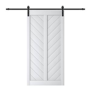 42 in. x 84 in. White Finished Solid Core MDF Herringbone V Shape Sliding Barn Door with Hardware Kit and Soft Close