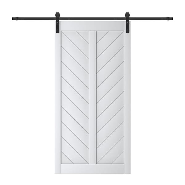 ARK DESIGN 42 in. x 84 in. White Finished Solid Core MDF Herringbone Shape Sliding Barn Door Slab with Hardware Kit and Soft Close