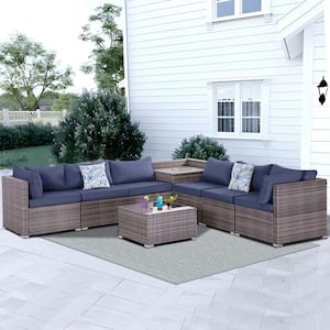 Gray 8-Piece Wicker Patio Outdoor Sectional Furniture Set with Blue Cushions