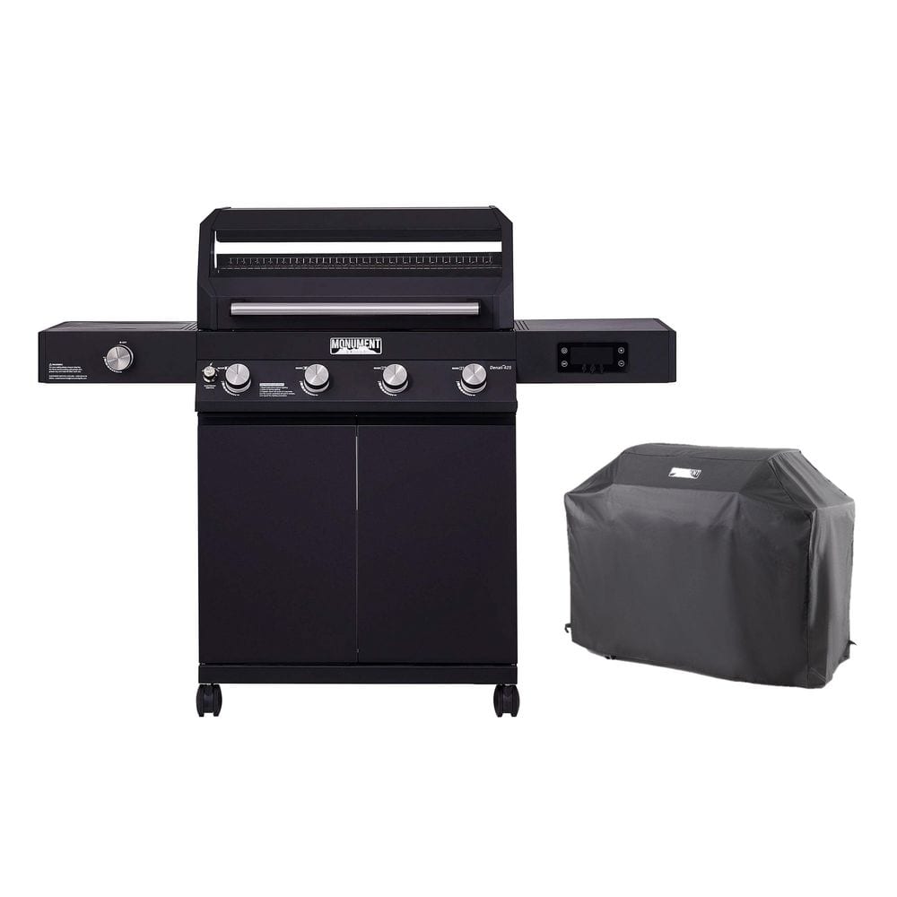 Denali 4-Burner Propane Gas Grill in Black with Clearview Lid, 3-Phase LED Controls, Side Burner, and Grill Cover