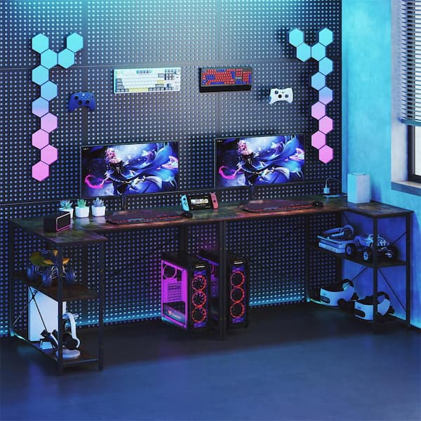 47 in. L-Shaped Brown Metal Frame  Computer Desk with Power Outlets Adjustable shelf Heavy-Duty