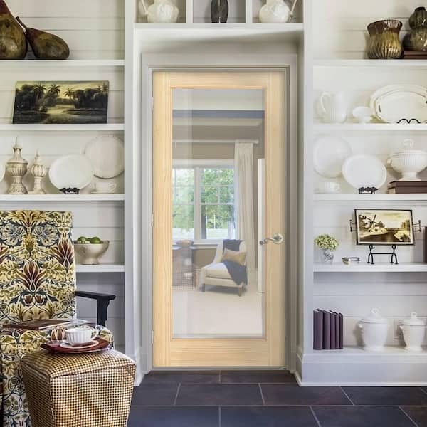 36 in. x 80 in. Right Handed Unfinished Pine Wood Clear Glass Full Lite Single Prehung Interior Door