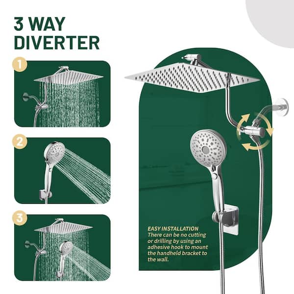 Rain Shower Head Kits 12-Spray with 1.8 GPM 12 in. Wall Mount Dual Shower Heads and Handheld Shower Head in Chrome