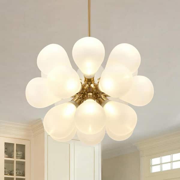 HUOKU Alma 18-Light Brass Modern Dandelion Sputnik Chandelier with Hand-Blown Opal Glass for Dining Room