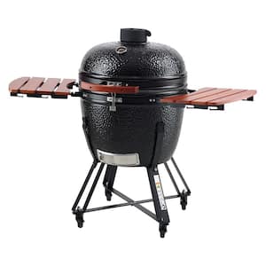 24 in. Ceramic Barbecue Kamado Charcoal Outdoor Grill and Smoker Portable Round for Patio in Black