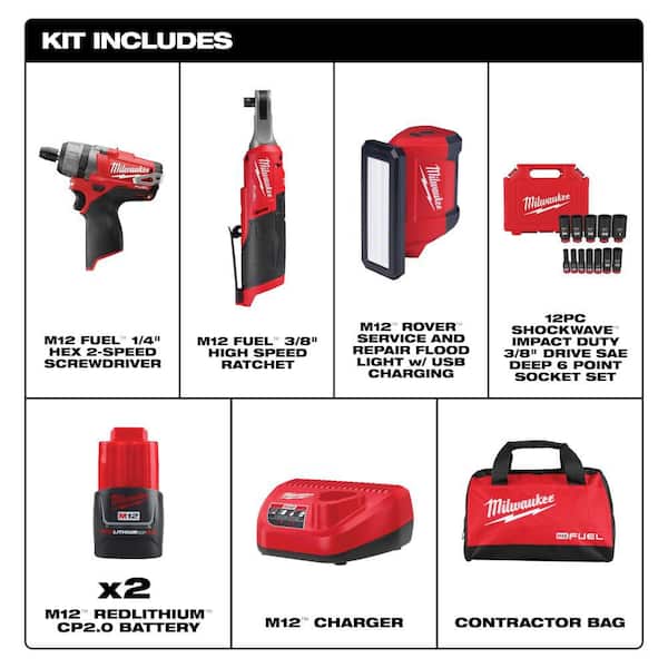 M12 12V Lithium-Ion Cordless Screwdriver, 3/8in. Ratchet, Light (3-pC Combo Kit) W/ 2 Batteries, Charger & Socket Set