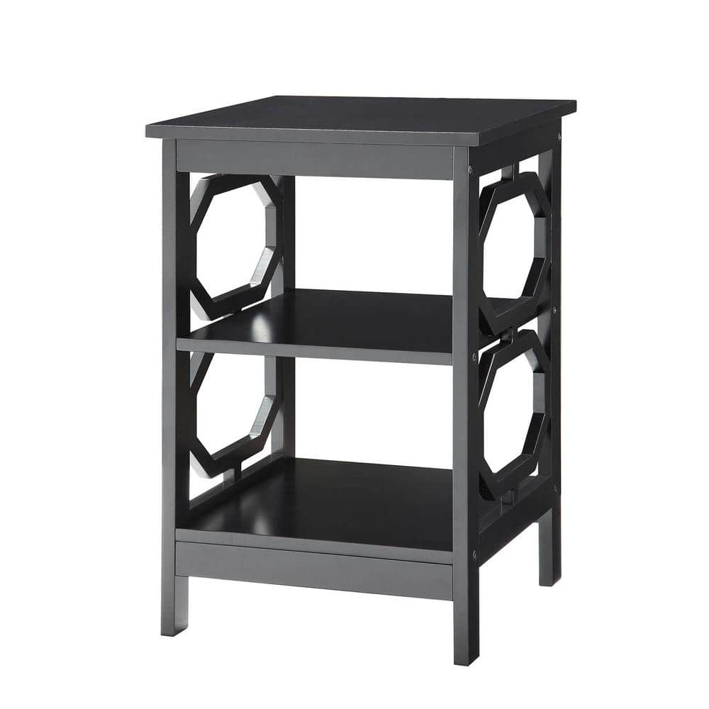 Omega Black Wood Round End Table with Geometric Shelves