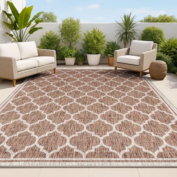 Espresso/Taupe 9 ft. x 12 ft. Trebol Moroccan Trellis Textured Weave Indoor/Outdoor Area Rug