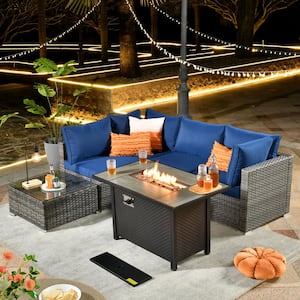 Daffodil J Gray 6-Piece Wicker Patio Outdoor Conversation Sofa Set with Gas Fire Pit and Navy Blu Cushions