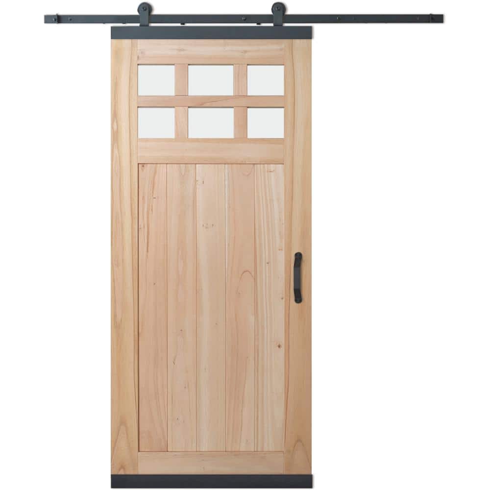 36 in. x 80 in. DesignGlide Farmhouse Unfinished Solid Wood 6-Lite Obscure Glass Sliding Barn Door & Black Hardware Kit 36 in. x 80 in. DesignGlide Farmhouse Unfinished Solid Wood 6-Lite Obscure Glass Sliding Barn Door & Black Hardware Kit