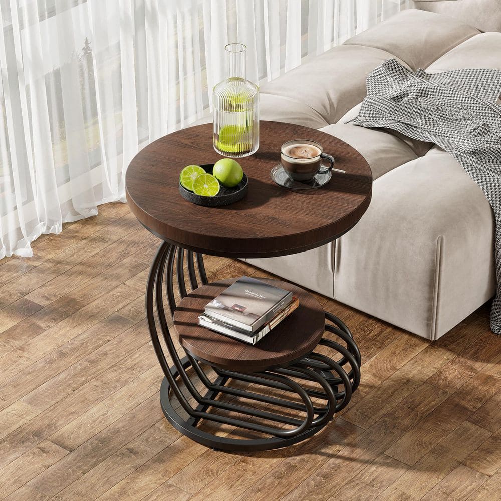 19.68 in. Width Brown Wood and Metal C-Shape End Table, 2 Tiers Round Side Table Living Room Bedroom price history on PriceWatchPro