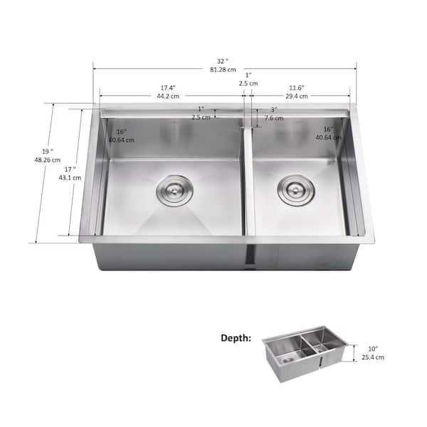 TopZero 18-Gauge Stainless Steel 32 in. Double Bowl Undermount Rimless  Kitchen Sink with low-divider TZ L375.64 - The Home Depot