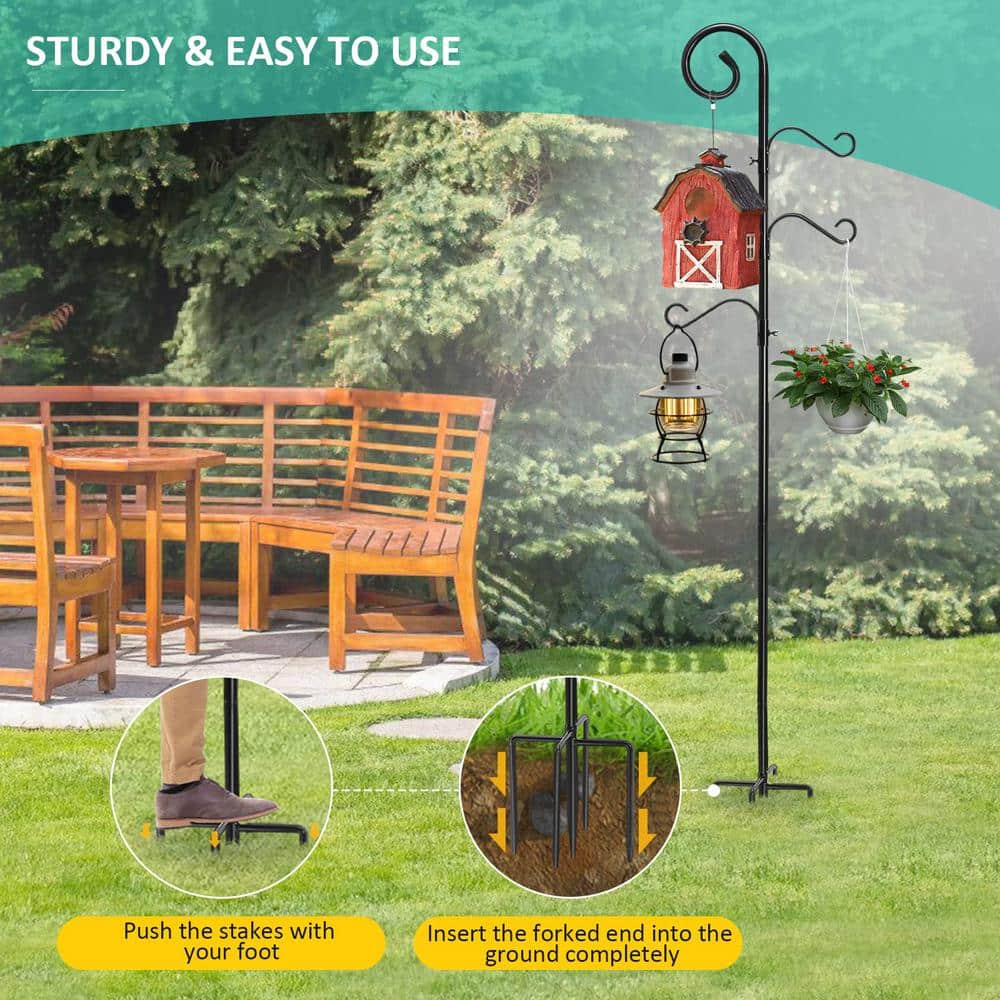 76-Inch Black Metal Outdoor Shepherd Hook with Adjustable Height