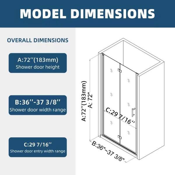 ANGELES HOME 36-37 3/8 in. W x 72 in. H Bi-Fold Semi-Frameless Shower Door in Chrome Finish with 1/4 in. Tempered Clear Glass