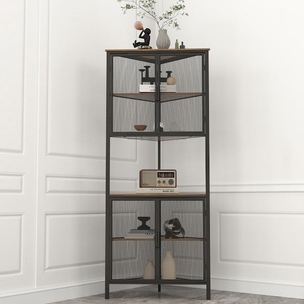 Tileon 5-Tier Shelves with Metal Mesh Door, Bookcase Storage Shelf Corner Shelf for Small Space, Living Room in Brown