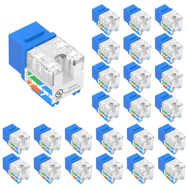Cat 6 RJ45 Keystone Jack 25-Pack, 10 Gbps UL Listed, 90° Punch Down Slim Profile, Blue