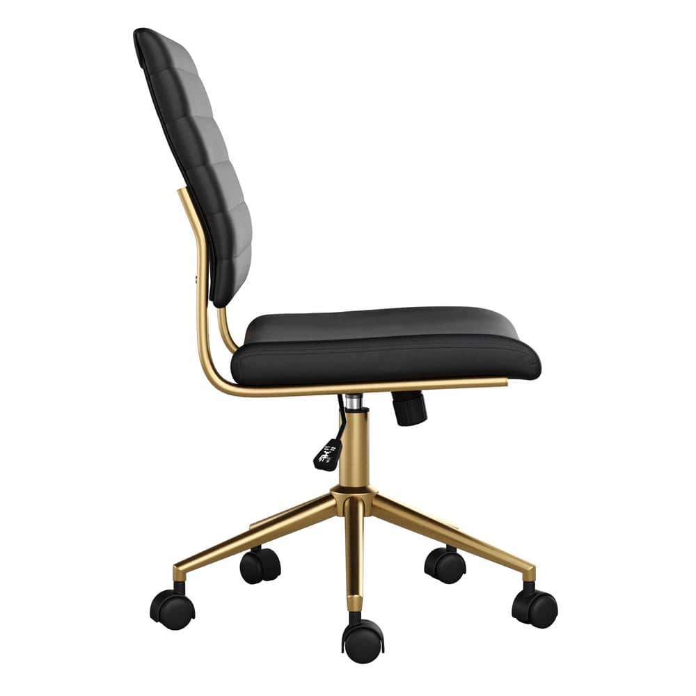 Black Faux Leather Armless Swivel Office Chair with Brass Frame