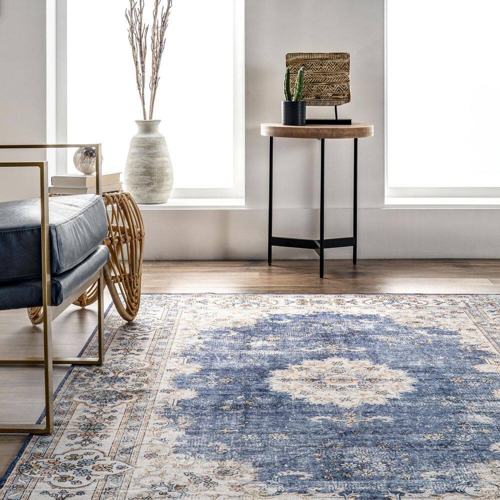 Ren Blue Vintage Floral Machine Washable Area Rug 5' x 8'