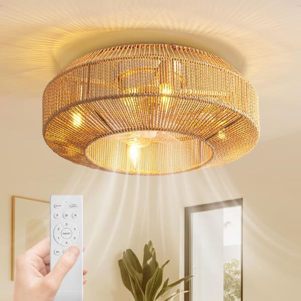 Pacific Core Boho 20 in. Indoor Gold Rattan Caged Low Profile Ceiling Fan with Remote Included with No Bulbs Included