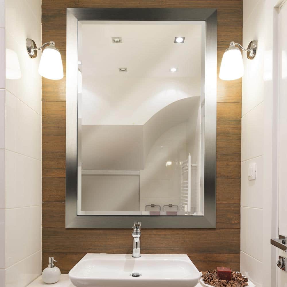Modern Brushed Nickel Rectangular Wall Mirror 28 x 40 Inch