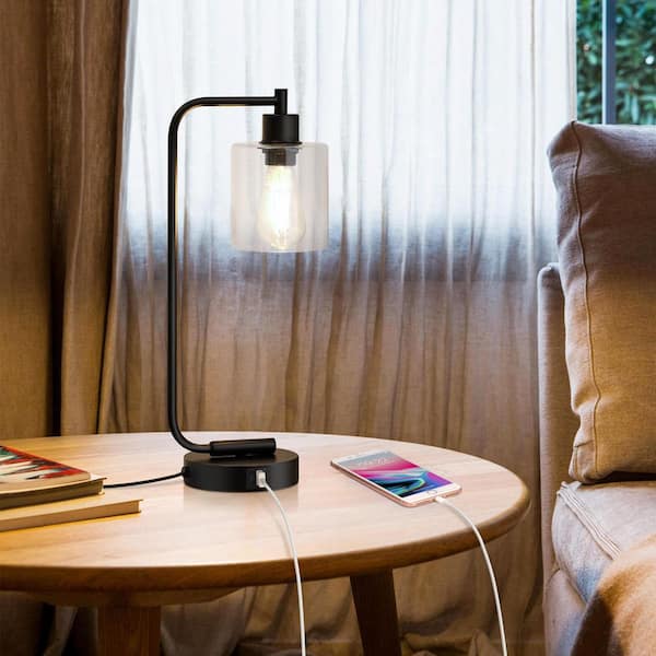 EDISHINE 19 in. Black Metal Dimmable Touch Control Table Lamp with Glass Shade and USB Port