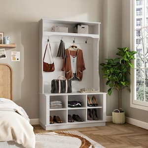 White Painted Armoire with Bench and Storage Cubbies，39.8 in W-17.3 in D-67.1 in H
