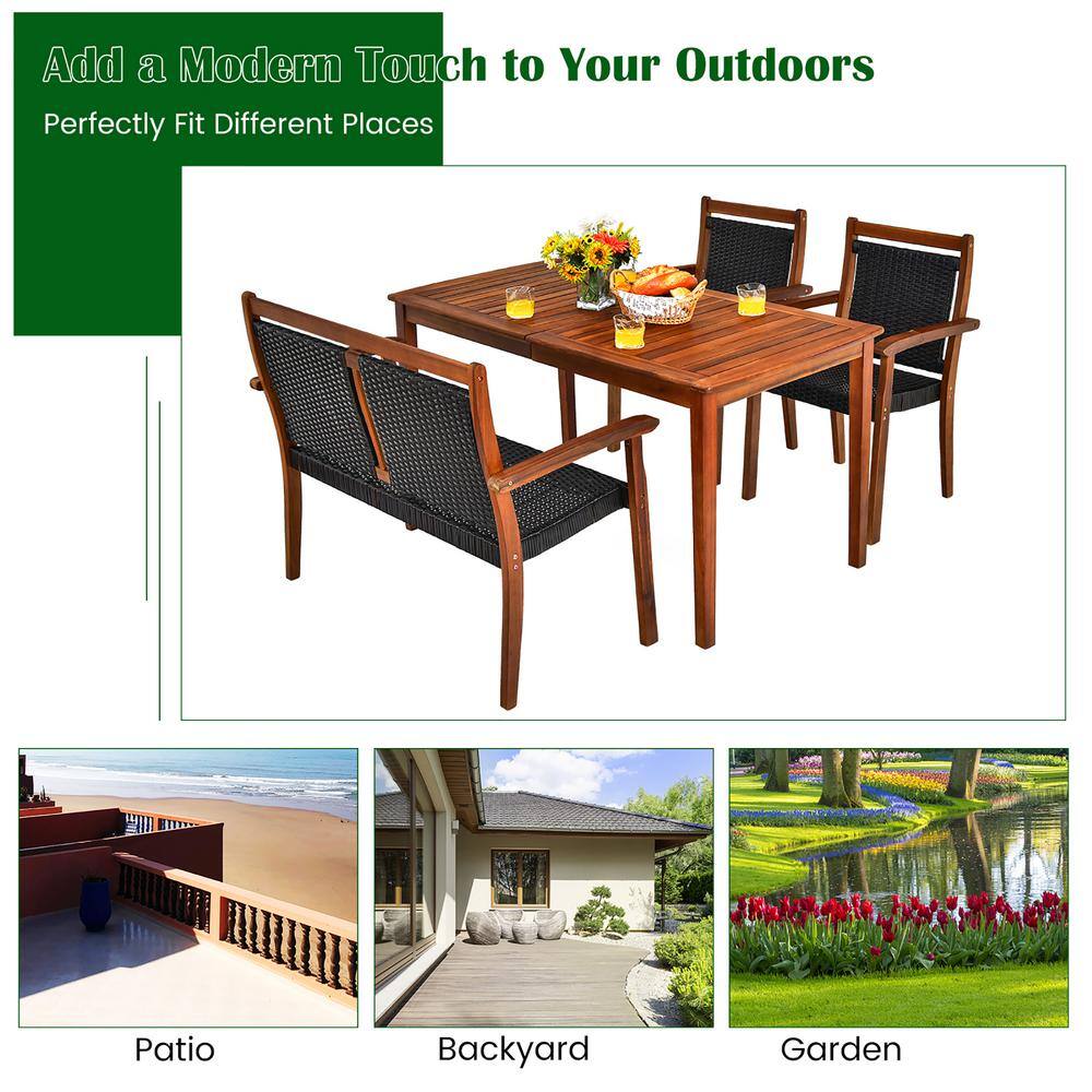 4-Piece Brown Wood and Black Rattan Patio Dining Set