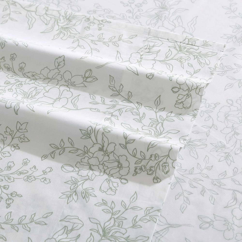 Queen White Cotton Percale Floral Deep Pocket Sheet Set