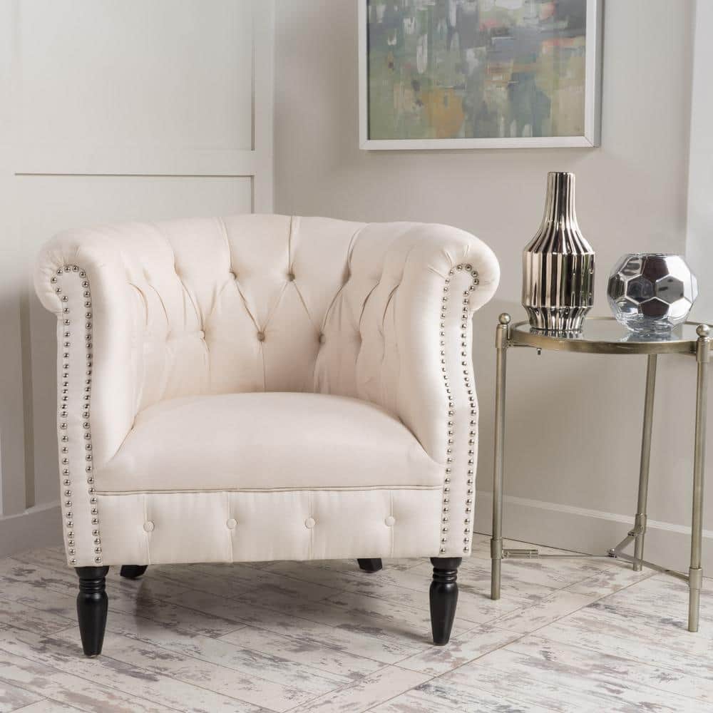 Beige Tufted Polyester Arm Chair with Wood Frame