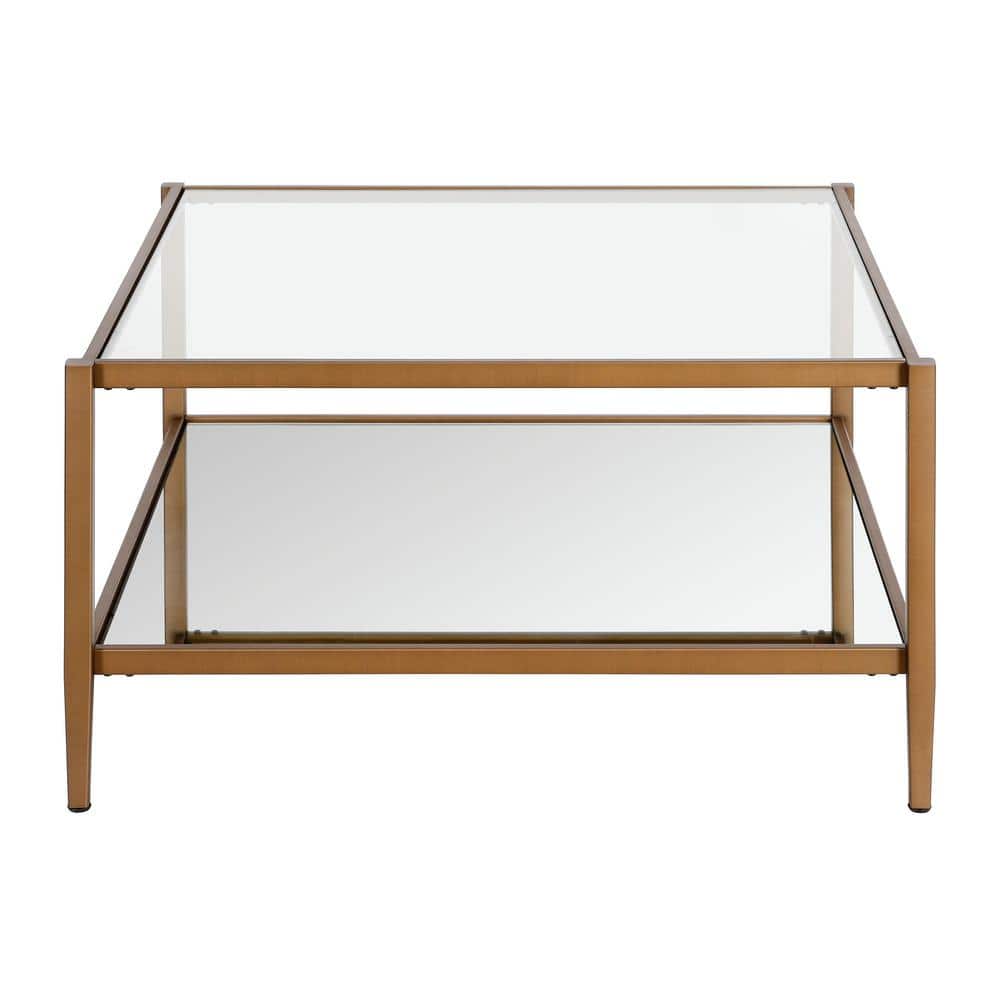 Hera Antique Brass 32" Square Coffee Table with Mirrored Shelf