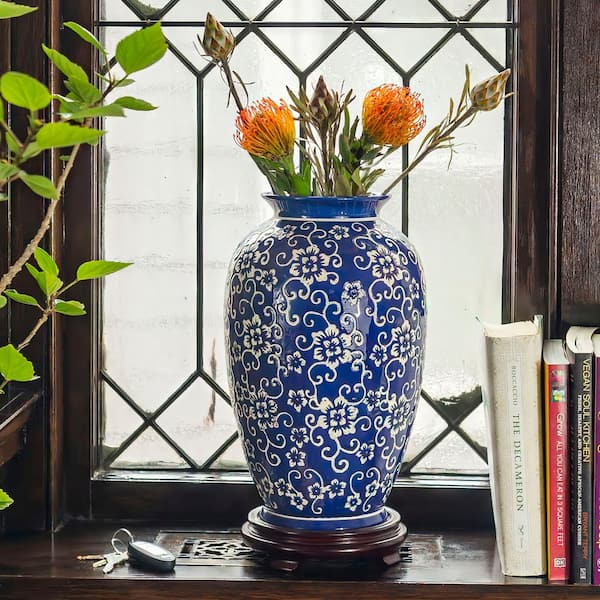 Red Lantern 14 in. White Flowers on Blue Tung Chi Decorative Vase