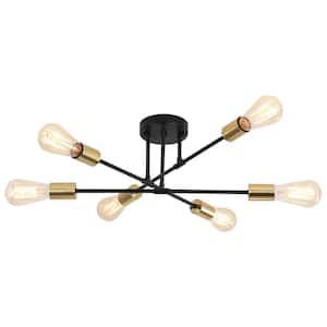 20.66 in. 6-Light Black/Gold Dimmable Sputnik Chandelier Modern Linear Semi Flush Mount Ceiling Light for Living Room