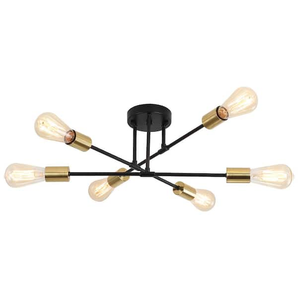 LWYTJO 20.66 in. 6-Light Black/Gold Dimmable Sputnik Chandelier Modern ...