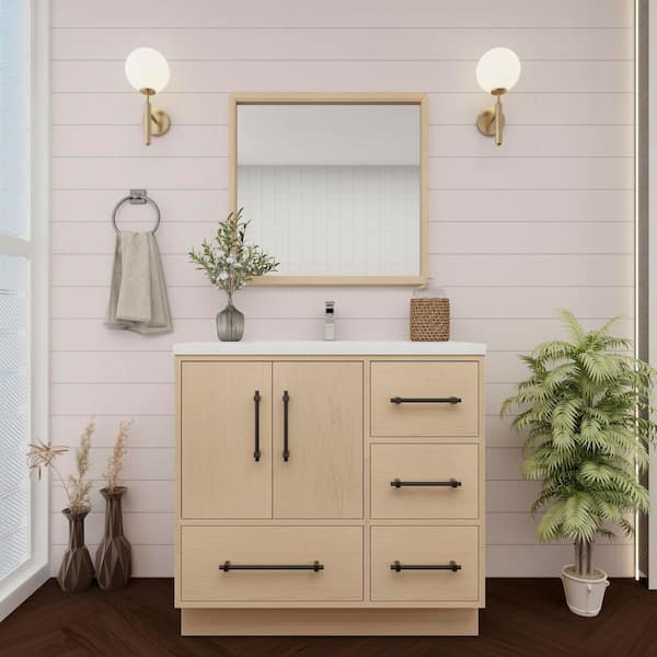 BV Better Vanity Victoria 36 in. W x 20 in. D x 35 in. H Single Sink Freestanding Bath Vanity in Yellow Oak with White Acrylic Top