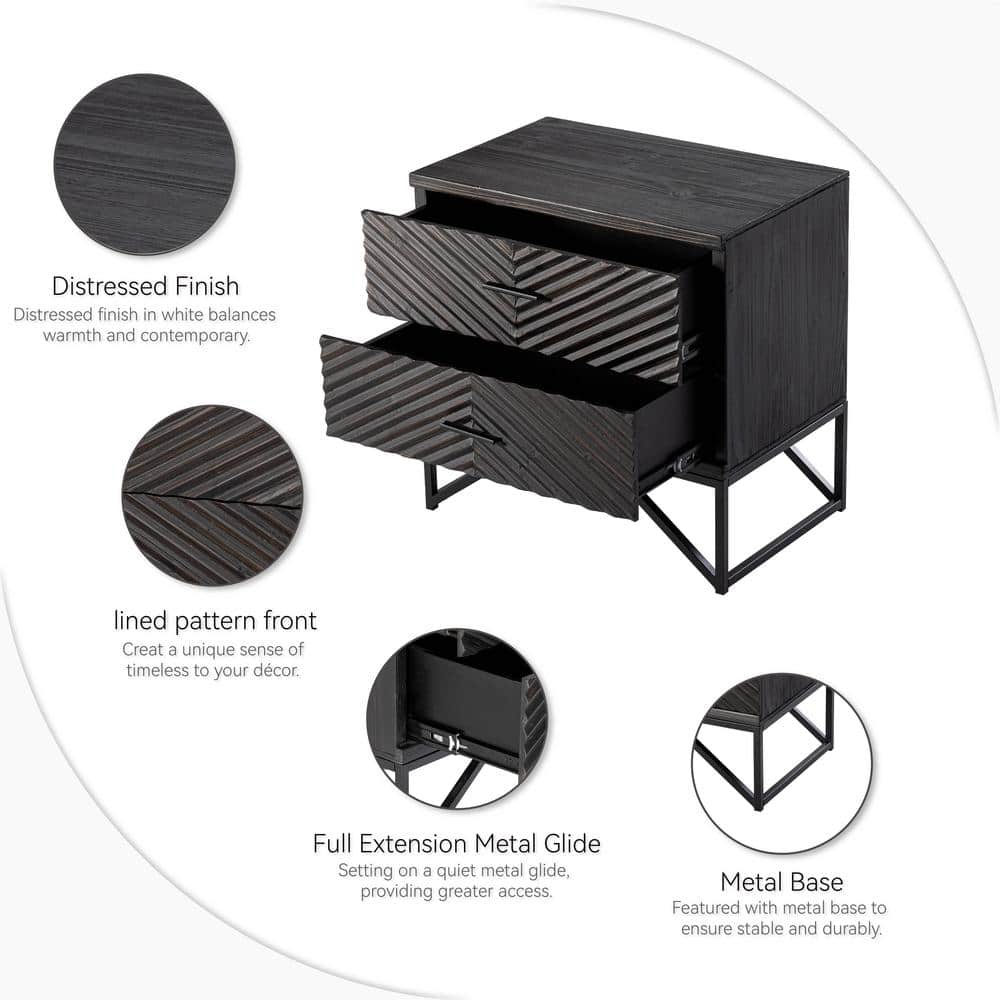 Distressed Black 2-Drawer Nightstand with Geometric Pattern and Metal Base