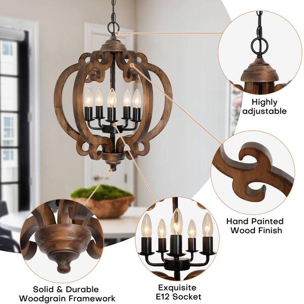 ウッドシャンデリア Rviezza Farmhouse 5-Light Rustic Walnut Wood Chandelier with