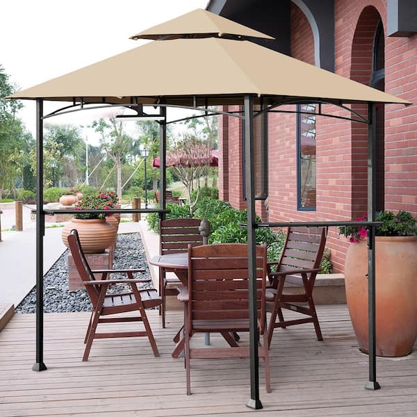 8 ft. x 5 ft. Khaki Outdoor Patio Barbecue Grill Gazebo 2-Tier BBQ Tent with LED Lights