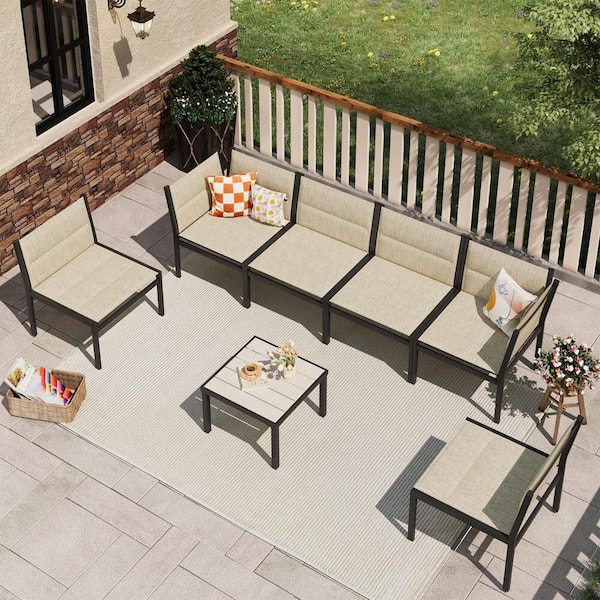 Sudzendf 7-Piece Metal Outdoor Sectional Patio Conversation Set with Coffee Table-Yellow