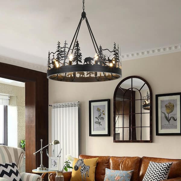 8-Light Black Ambient Rustic Chandelier Wagon Wheel Farmhouse Chandelier for Dining Living Room Foyer