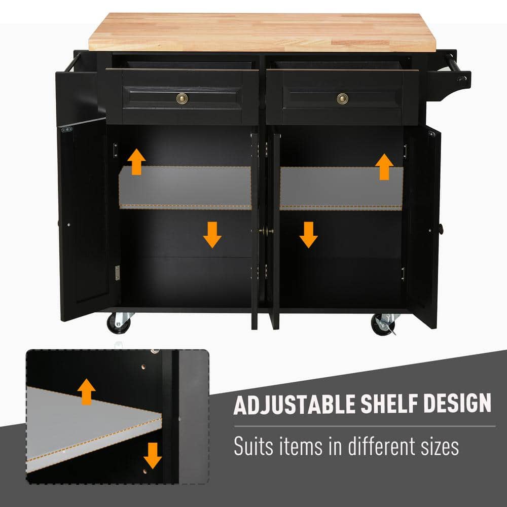 Compact Modern Black Kitchen Island Cart with Rubberwood Top and Storage