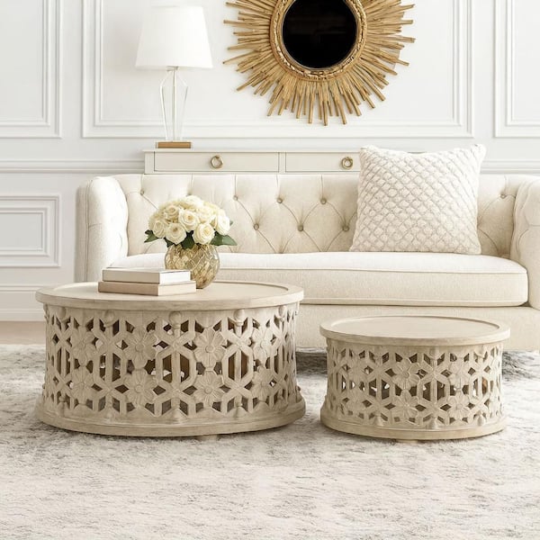 THE URBAN PORT 30 in. White Large Round Wooden Coffee Table with Floral Cut Out Design (2-Pieces)