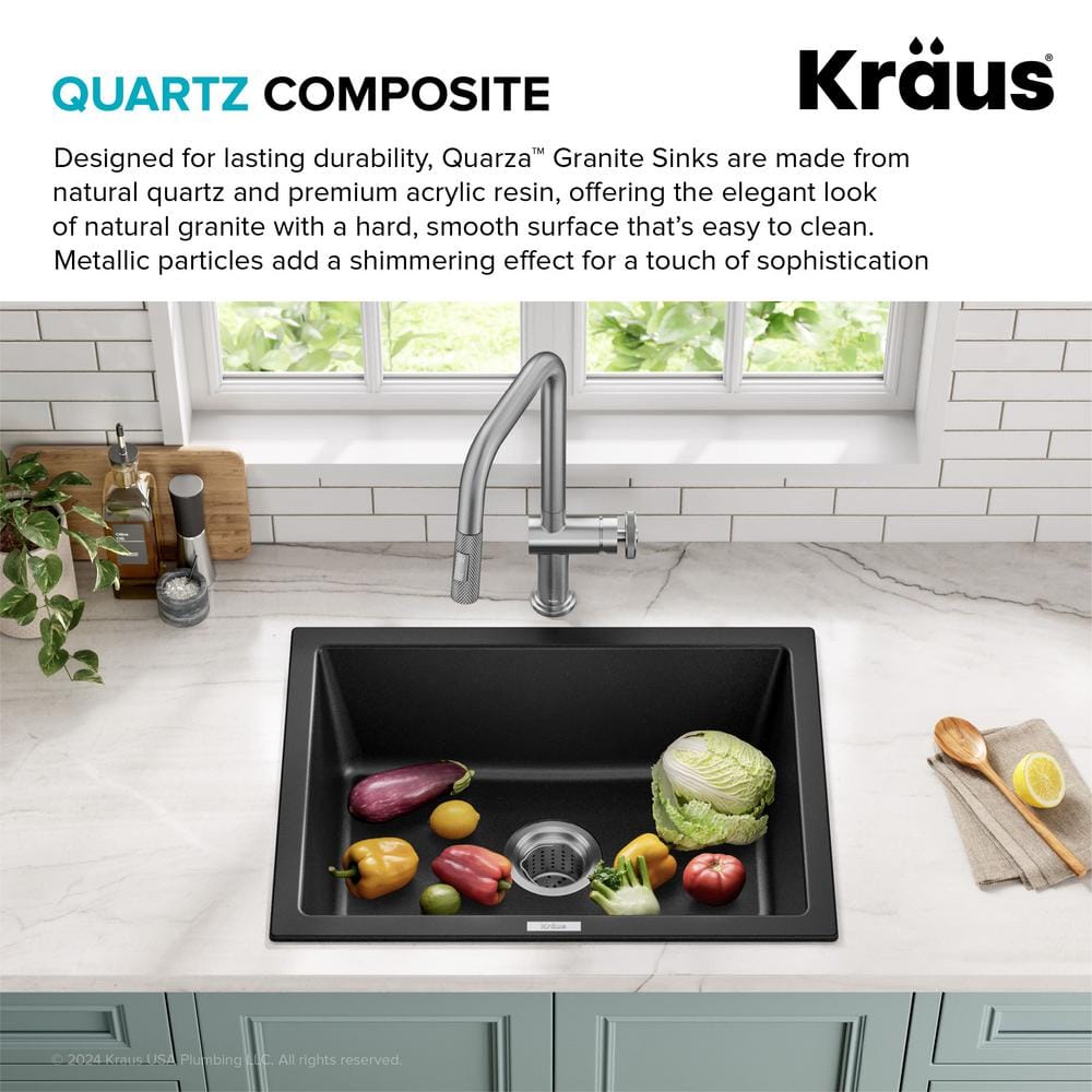 24-Inch Black Granite Drop-In Single Bowl Kitchen Sink