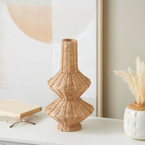 Litton Lane Brown Handmade Woven Fluted Hourglass Rattan Decorative Vase