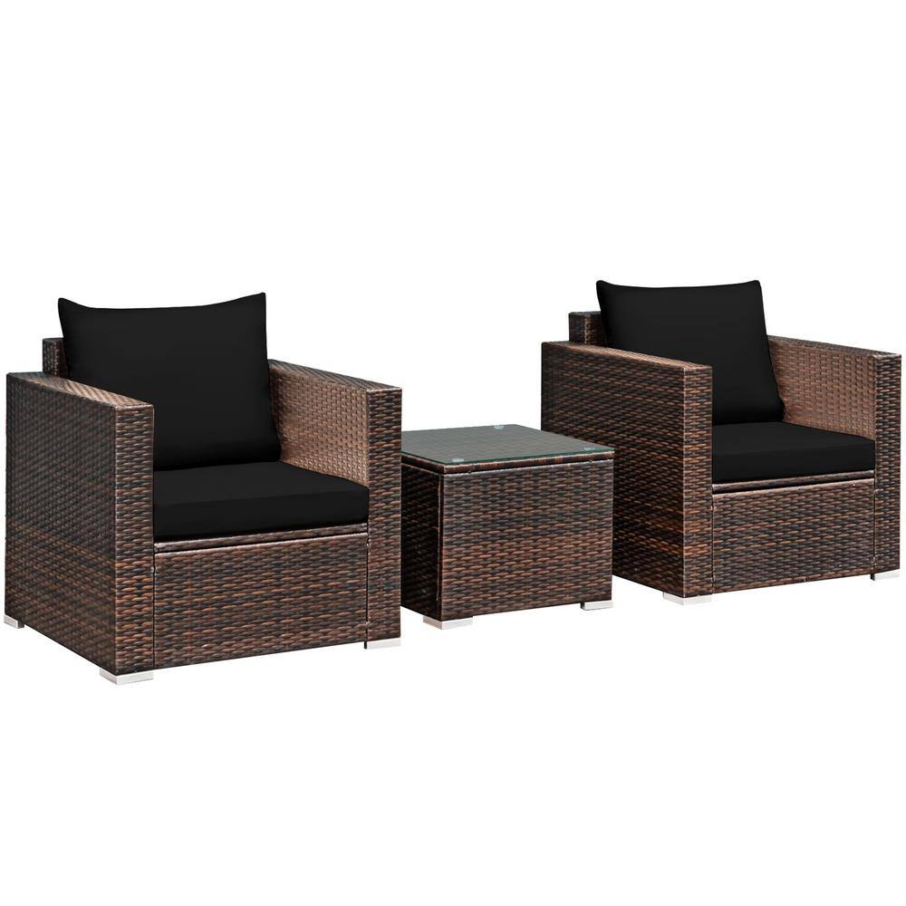 3-Piece Rattan Patio Outdoor Conversation Furniture Set with Black Cushions price history on PriceWatchPro