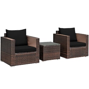3-Piece Rattan Patio Outdoor Conversation Furniture Set with Black Cushions