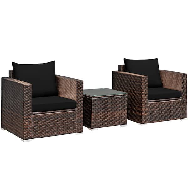 Gymax 3-Piece Rattan Patio Outdoor Conversation Furniture Set with Black Cushions