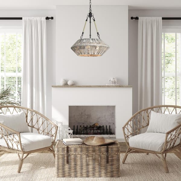 Cancun 3-Light Black and Light Gray Washed Drum Coastal Chandelier with Woven Bamboo Shade