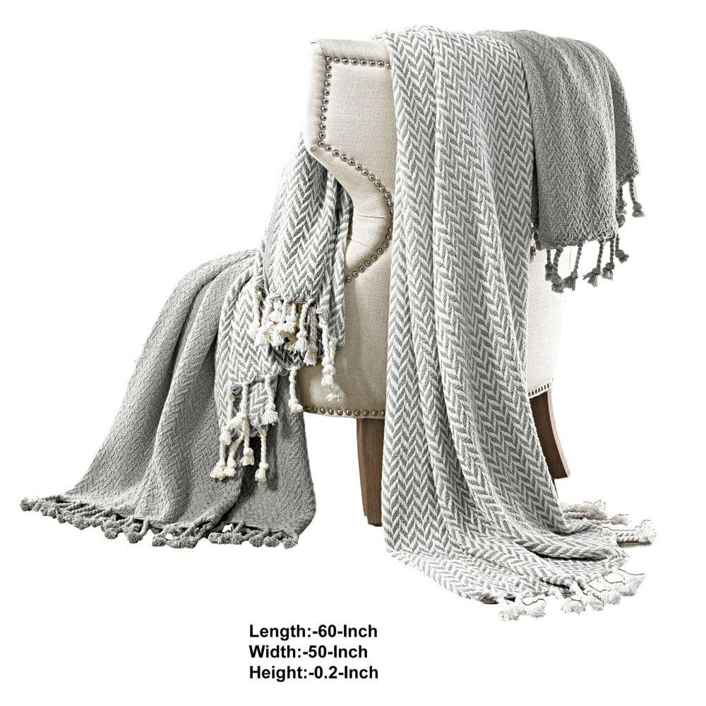 Gray and White Herringbone Cotton Throw Blanket Set