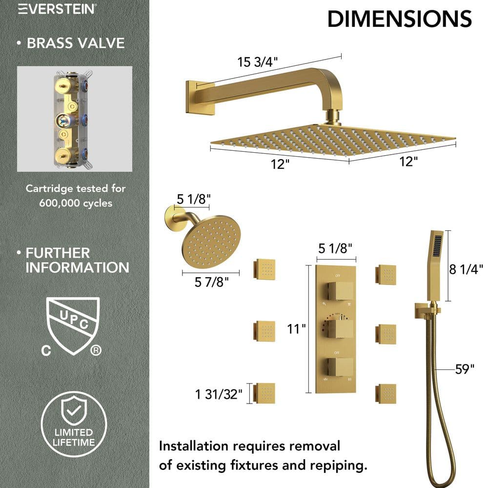 Gold Thermostatic 12" Triple Showerhead System with Handheld